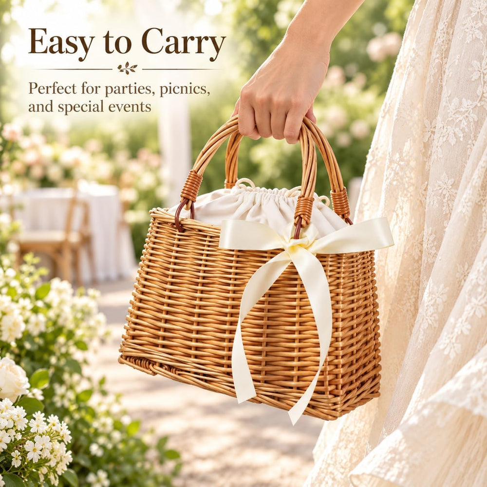 Cabilock Flower Girl Basket, Woven Rattan Wedding Petal Basket with Bow