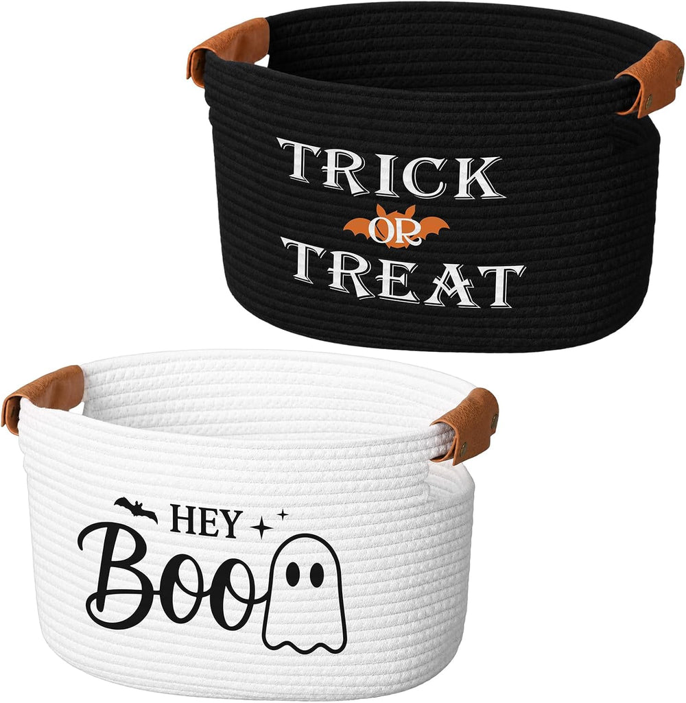 Potchen 2 Pcs Halloween Boo Cotton Rope Basket with Handles