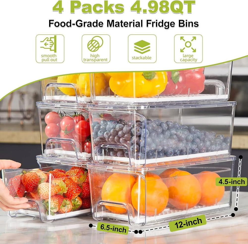 4-Pack Refrigerator Drawer Organizer Bins, Clear Stackable Pull Out Fridge Or...