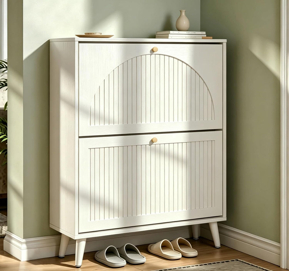 Fsbecl Shoe Storage Cabinet for Entryway with 2 Fluted Flip Drawers, White
