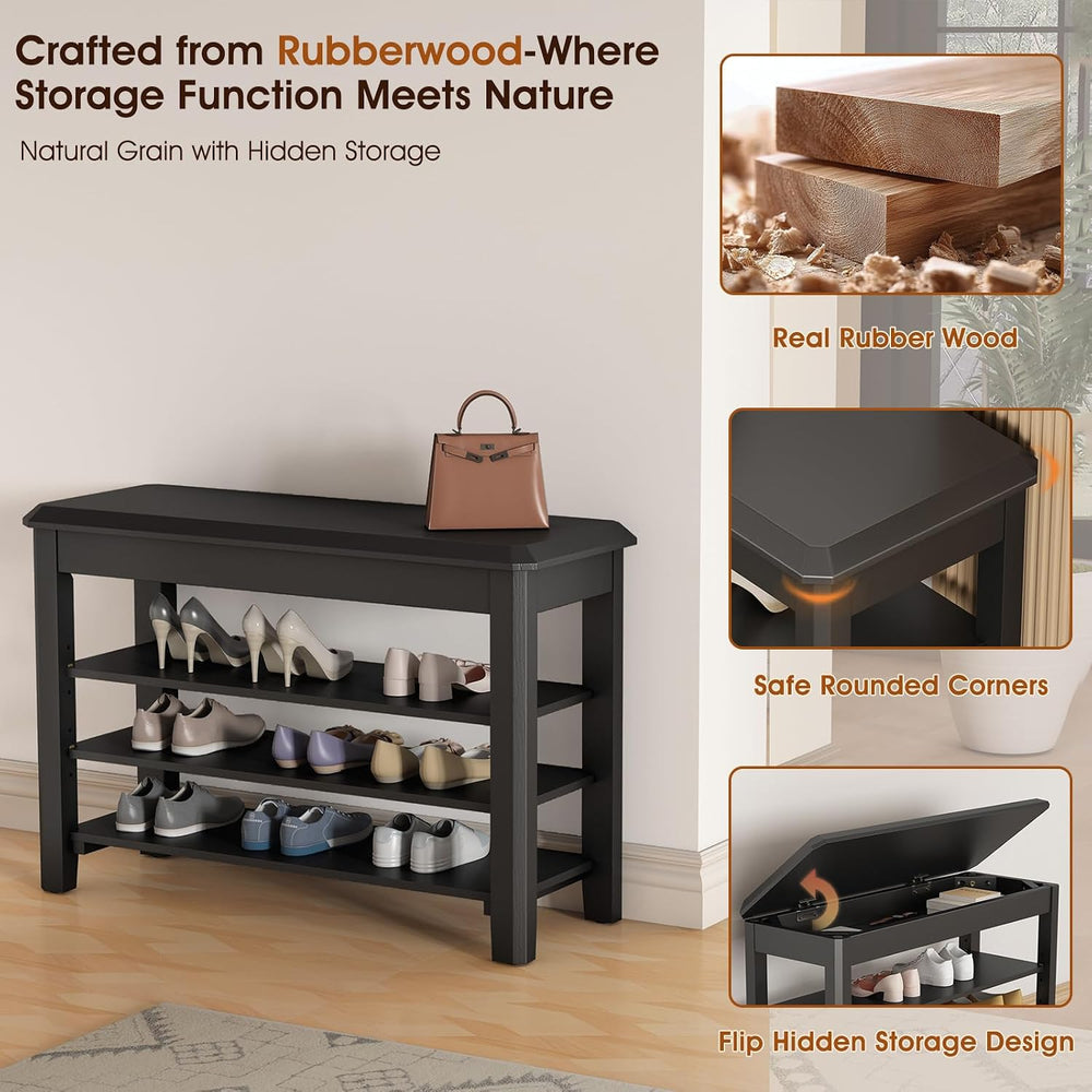 IUNVR Shoe Rack Bench Seat Rubberwood 3-Tier Wooden Storage Bench 550lbs Comp...
