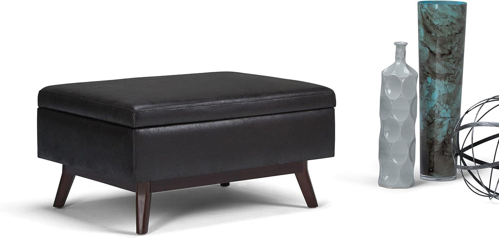 SIMPLIHOME Owen 34" Wide Vegan Leather Rectangle Lift Top Ottoman in Black