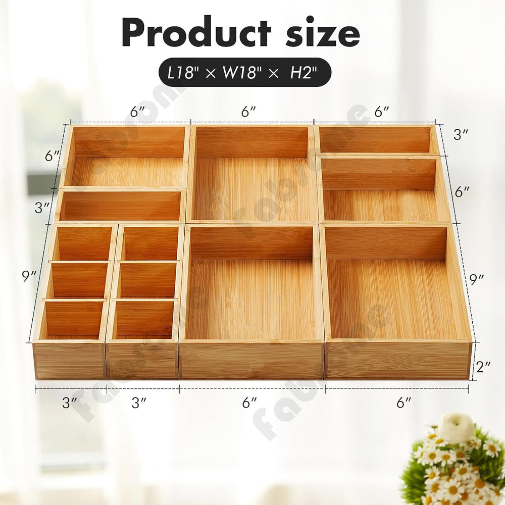Fabsome Drawer Organizer, Set of 9 Bamboo Wood Kitchen Makeup Desk Junk Tea D...