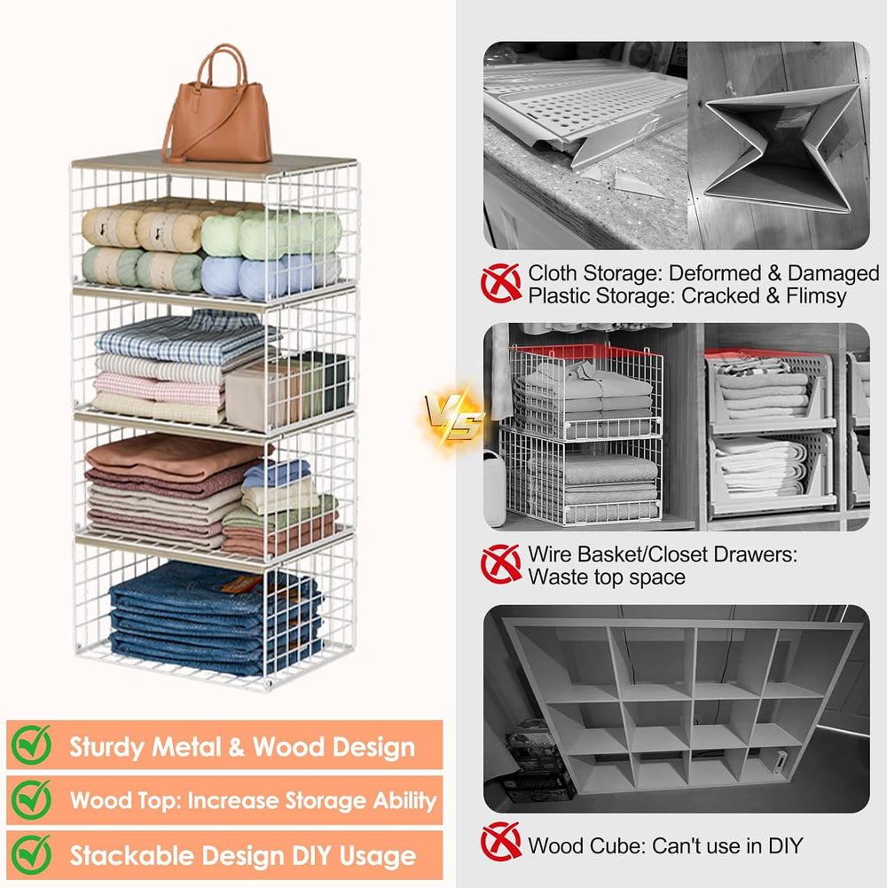 Hencawima 4 Pack Stackable Closet Storage Shelf Organizer Metal White