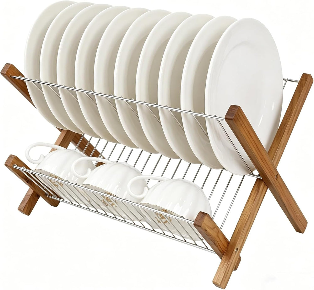 HTB Dish Drying Rack 2 Tier,Stainless Steel & Teak Wood Dish Drying Rack