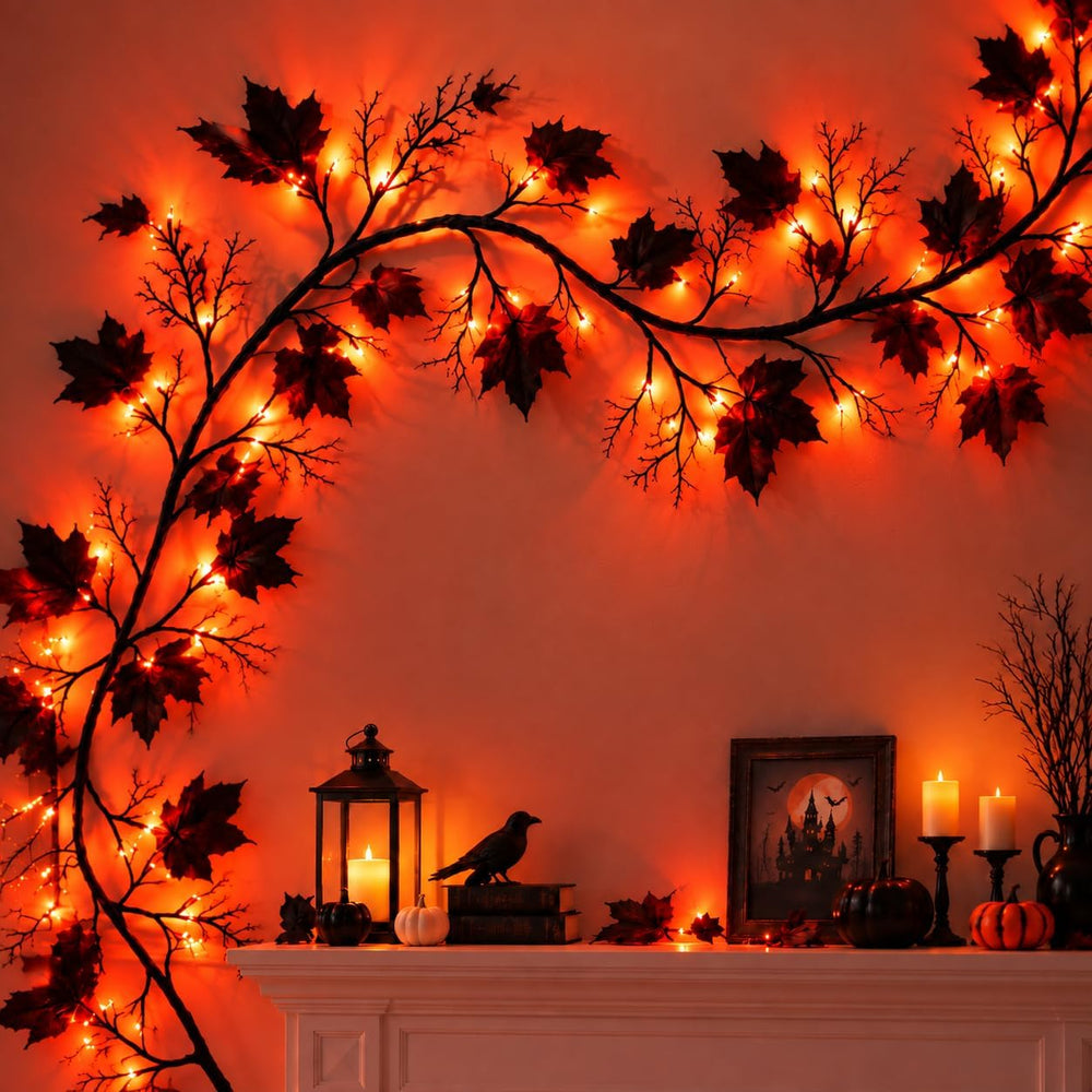 Halloween Garland with Orange Lights, 9 FT Black Maple Leaves, 72 LEDs