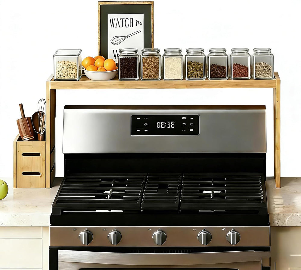 Over The Stove Shelf Wooden,Bamboo Spice Rack for Above the Kitchen Hob,31.5-...
