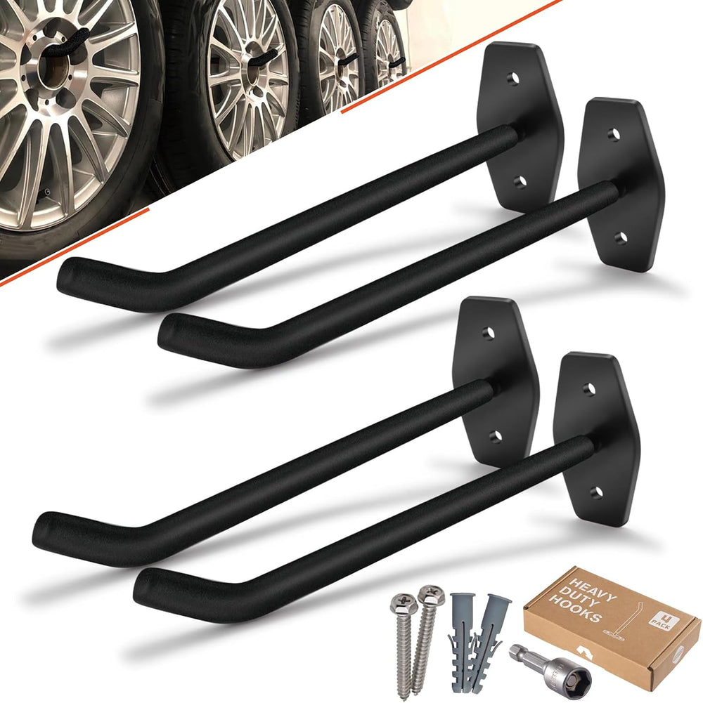 4 Pack 10-Inch Heavy Duty Garage Hooks, Tire Wall Mount, Black