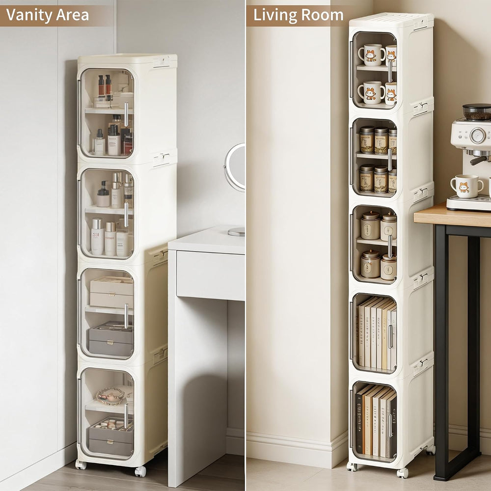 5-Tier Narrow Storage Cabinet Slim Bathroom Tall Skinny Organizer,Beige