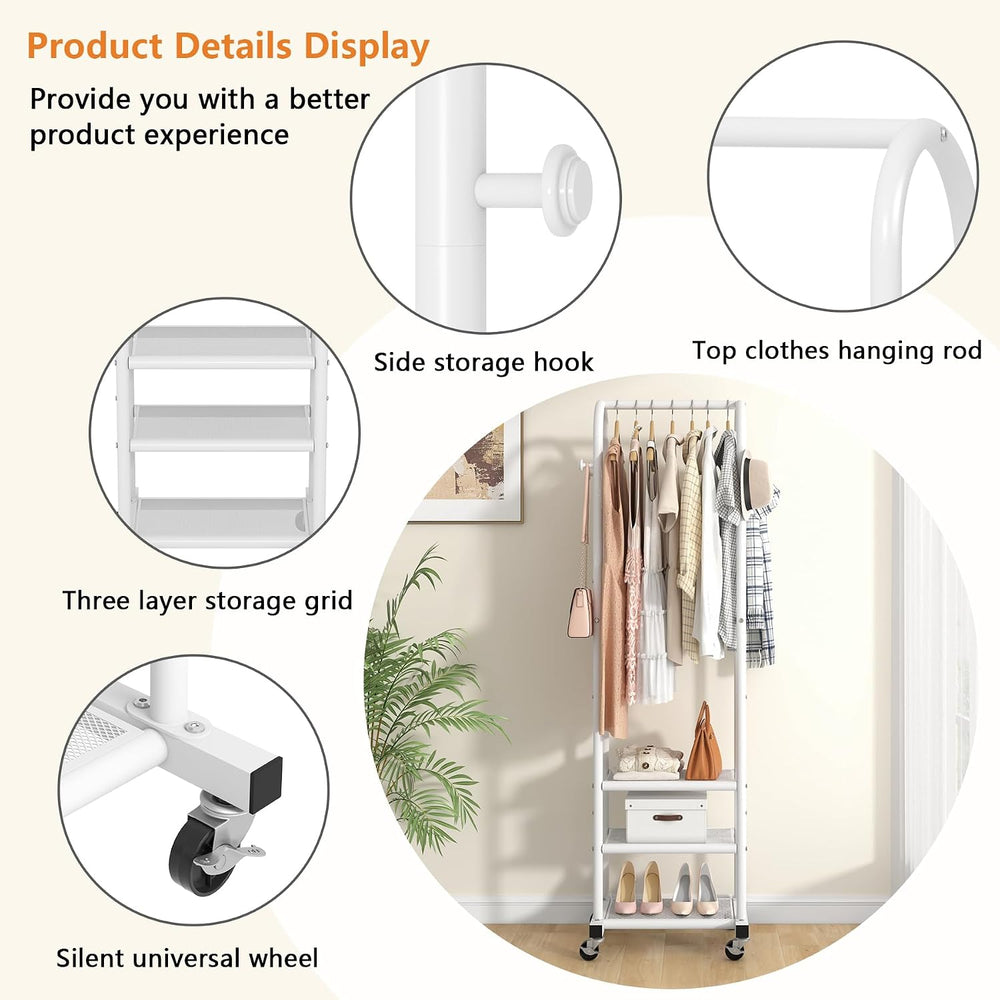 Kaitiemoo Clothing Rack, Mobile Garment Rack with Wheels & 3 Shelves, White
