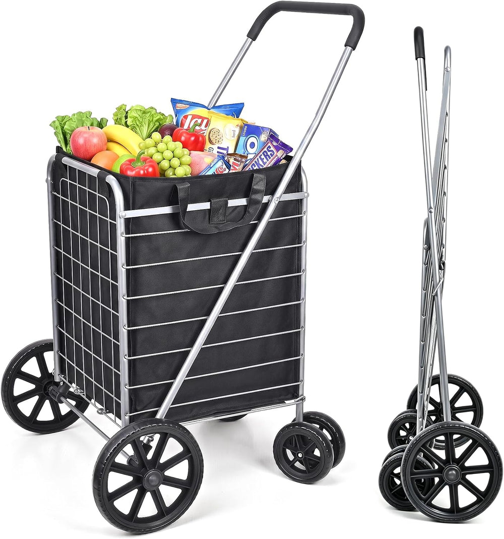 Folding Shopping Cart with Large Front Wheels, Grocery Cart with Waterproof L...