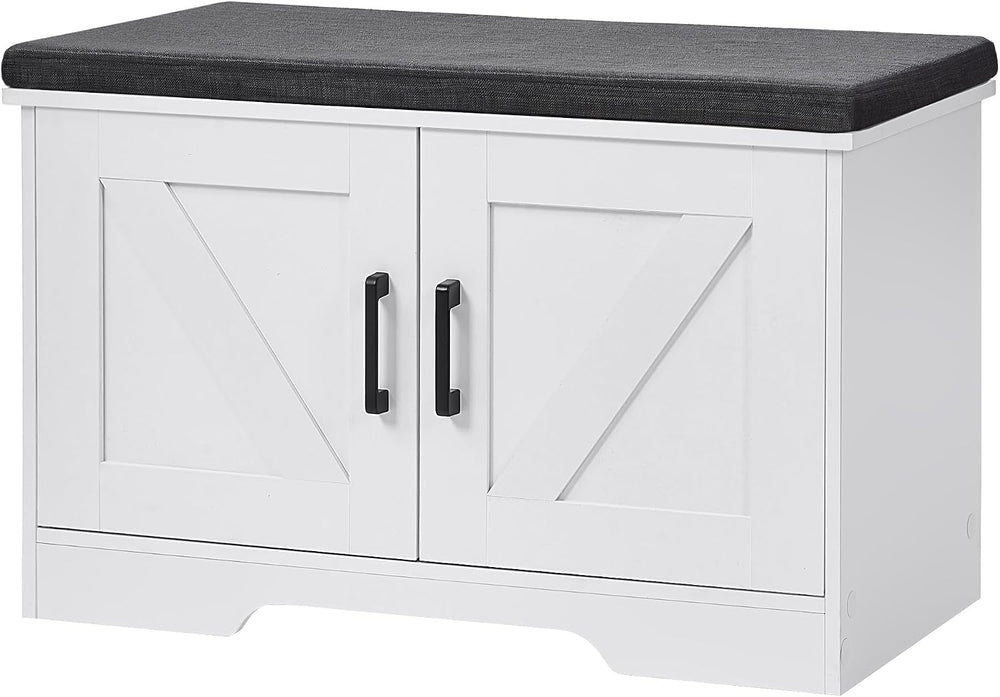 HOMSHO Farmhouse Shoe Storage Bench with 2 Barn Doors & Padded Seat Cushion