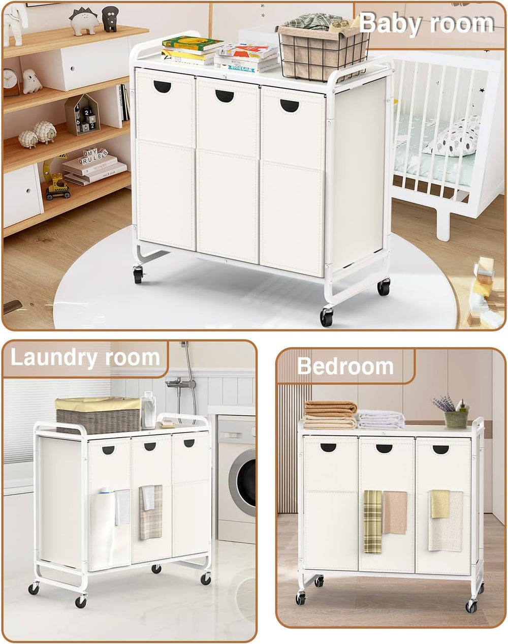 Laundry Hamper 3 Section,Laundry Basket with Wheels,3×15.8 Gal (60L) White