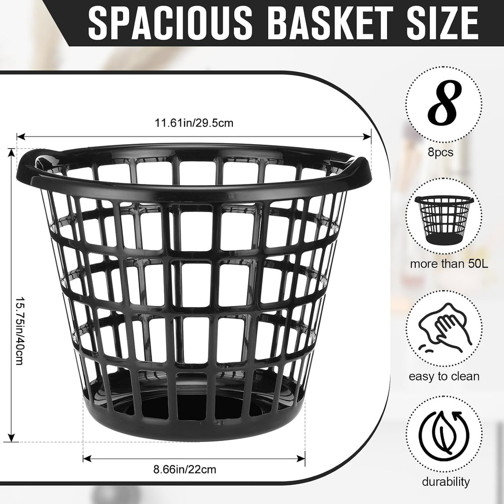 Uiifan 8 Pcs Black Plastic Round Laundry Baskets with Easy Carry Handles