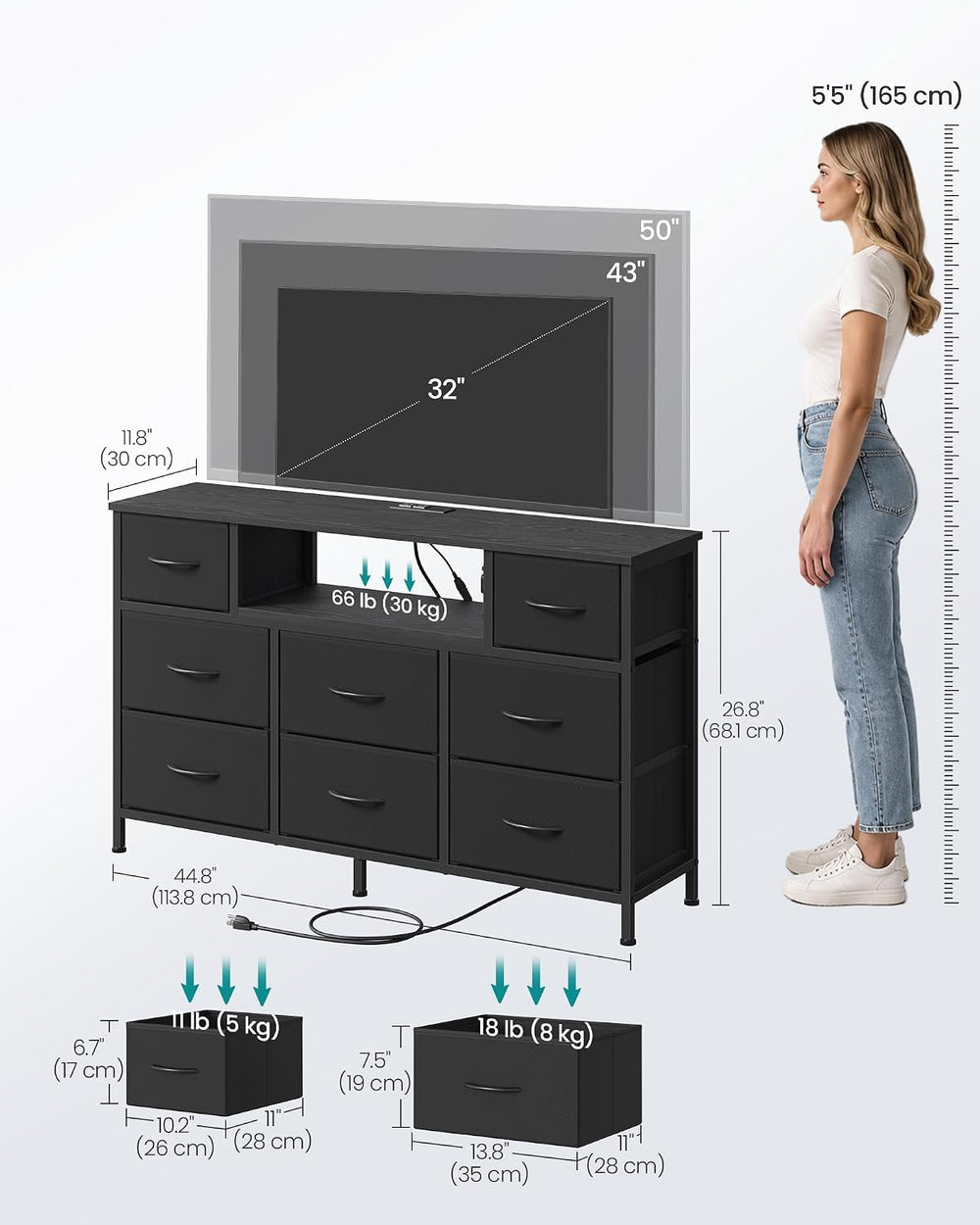SONGMICS Dresser for Bedroom with Outlets & LED Lights, 8 Fabric Drawers