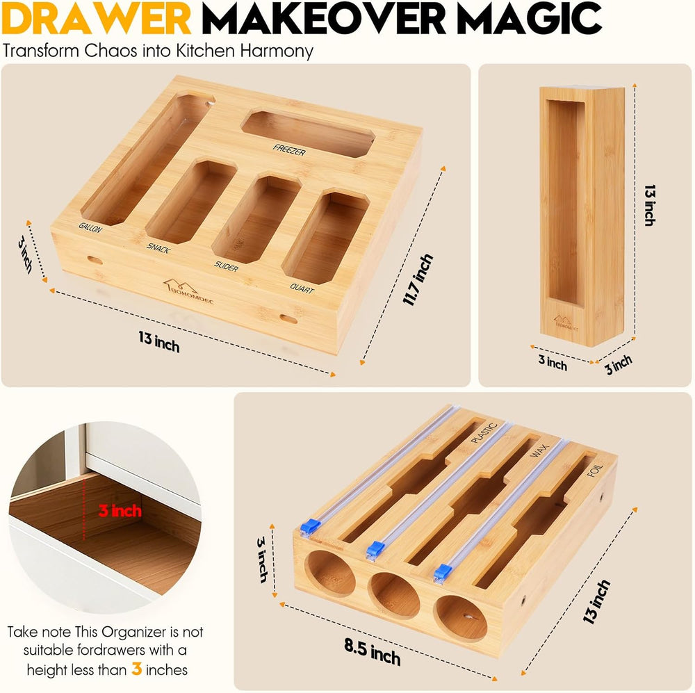 Bamboo Ziplock Bag Organizer for Kitchen Drawer & Wall Mount, Food Storag...