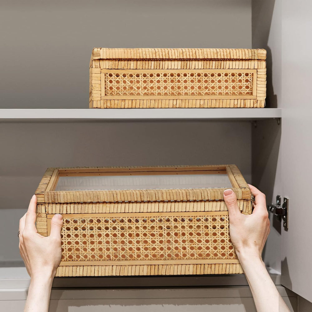 Amyhill Set of 2 Rattan Decorative Box with Glass Lid Rectangular Natural Wov...