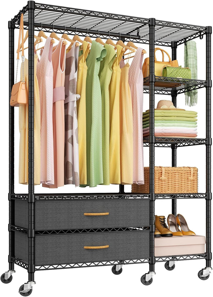 Ulif F3R Heavy Duty Clothes Rack(With Lockable Wheels)Freestanding Clothing Racks for Hanging Clothes,Adjustable Closet Organizer System,Portable Garment Rack 40"W x 15"D x 74"H,Max Load 700LBS,Black