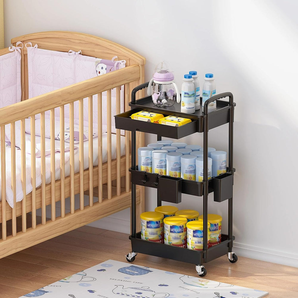 3 Tier Rolling Utility Cart with Drawer, Plastic Storage Organizer Rolling Ca...