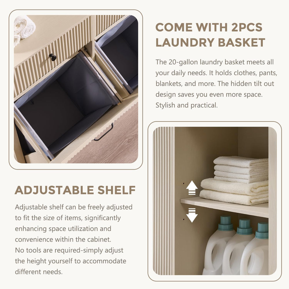 IFBUY Triple Tilt Out Laundry Hamper Cabinet, Trash Can Cabinet, Cream