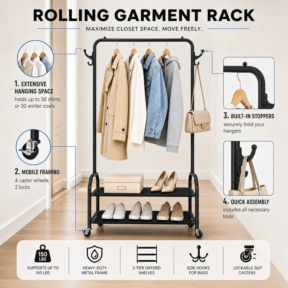 Clothes Rack with 2 Tier Shelves, Rolling Garment Rack