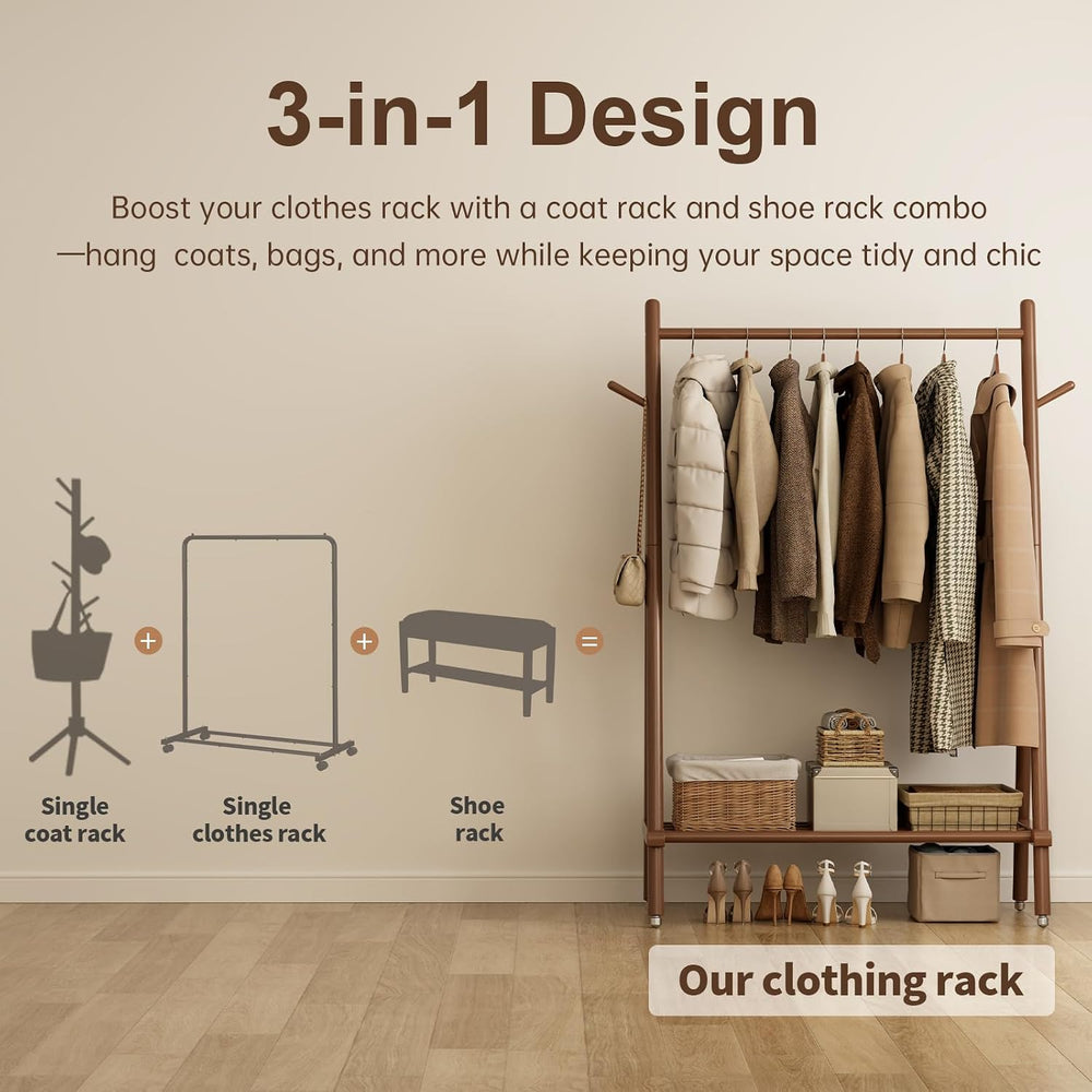 Muwuele Solid Wood Clothing Rack, Rolling Clothes Rack for Hanging Clothes, G...
