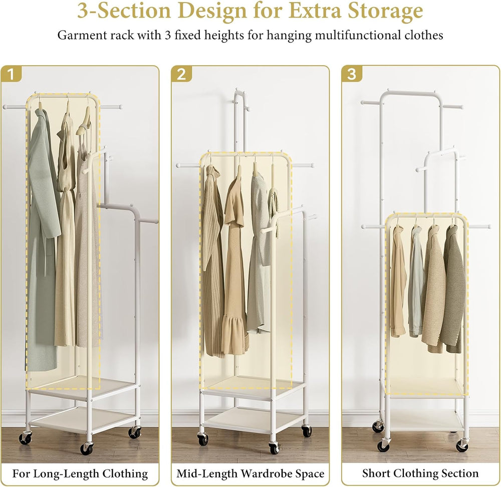 Chrislley Small Clothing Rack With Wheels & 2 Shelves, Narrow Clothes Rack