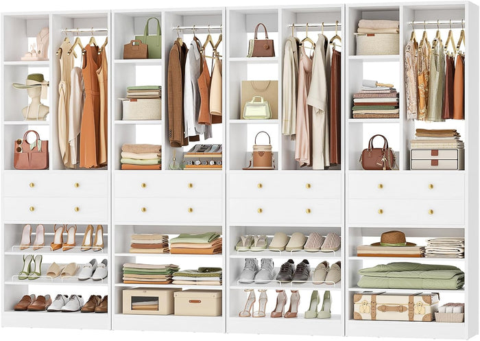 Besiost Closet System, 111"/9.3 FT Closet Organizer System with 8 Drawers and Shelves, Can Fit 120"/10FT Walk-in Closets Systems, Free Standing Reach in Closet Tower, Load 2400+LBS, White 4 Pack