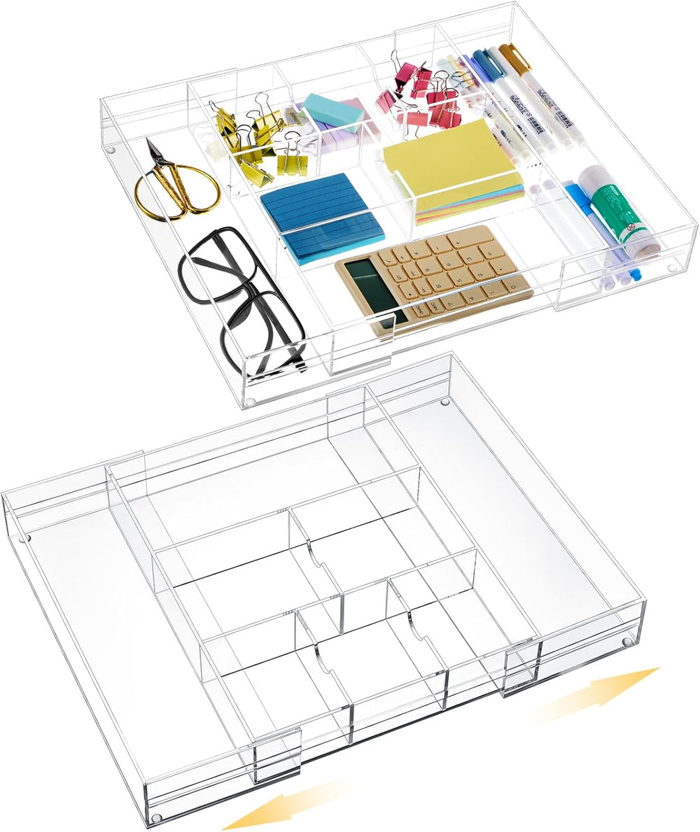 Briwooody 2 Pcs Acrylic Desk Drawer Organizer Maximum 12 x 18 x 2.1 Inch Expa...