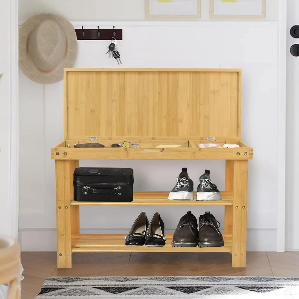 3-Tier Bamboo Shoe Rack Bench, Entryway Bench with Storage Drawer, Natural