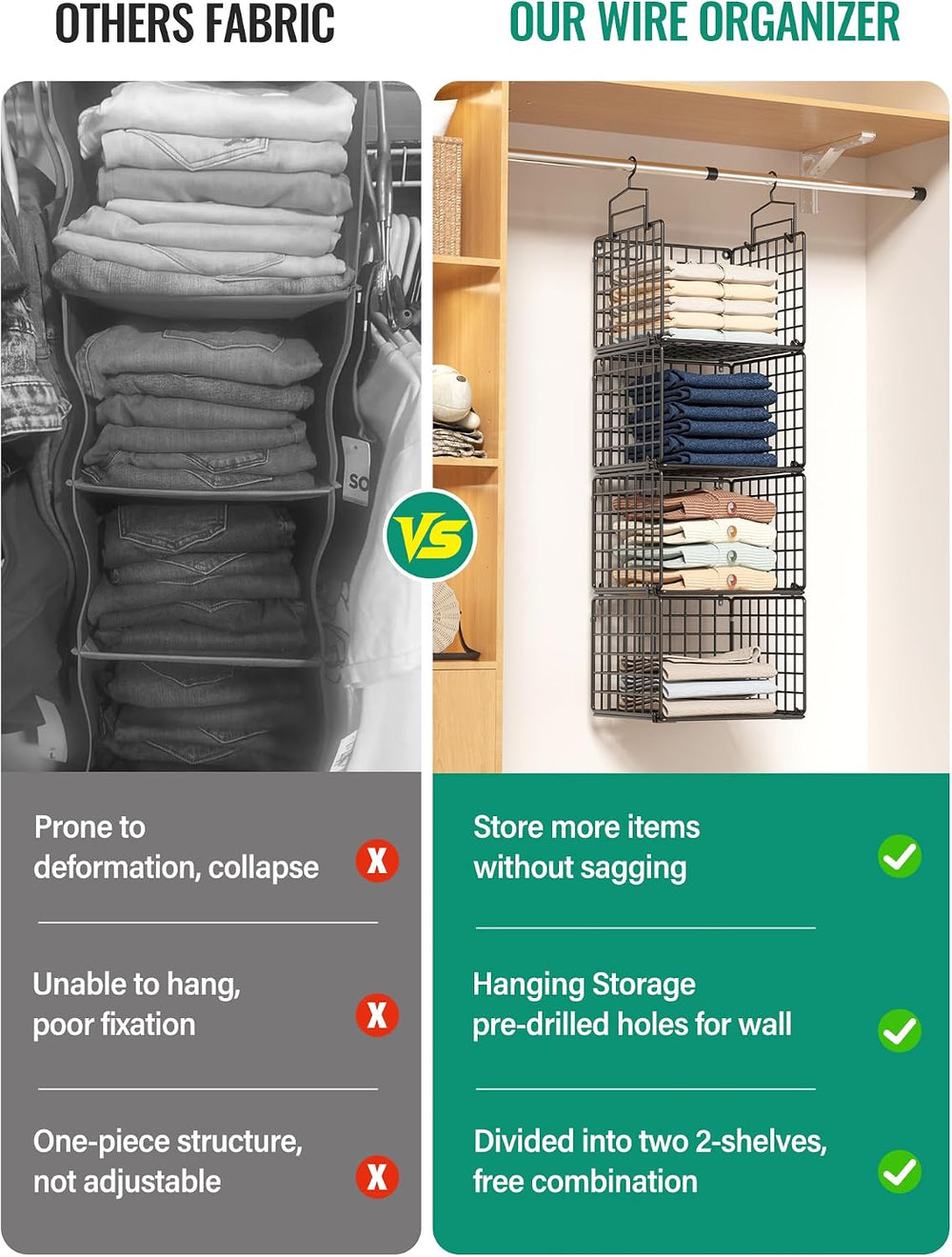 Hanging Closet Organizer, 4 Tier Metal Closet Organizers and Storage with 4 H...