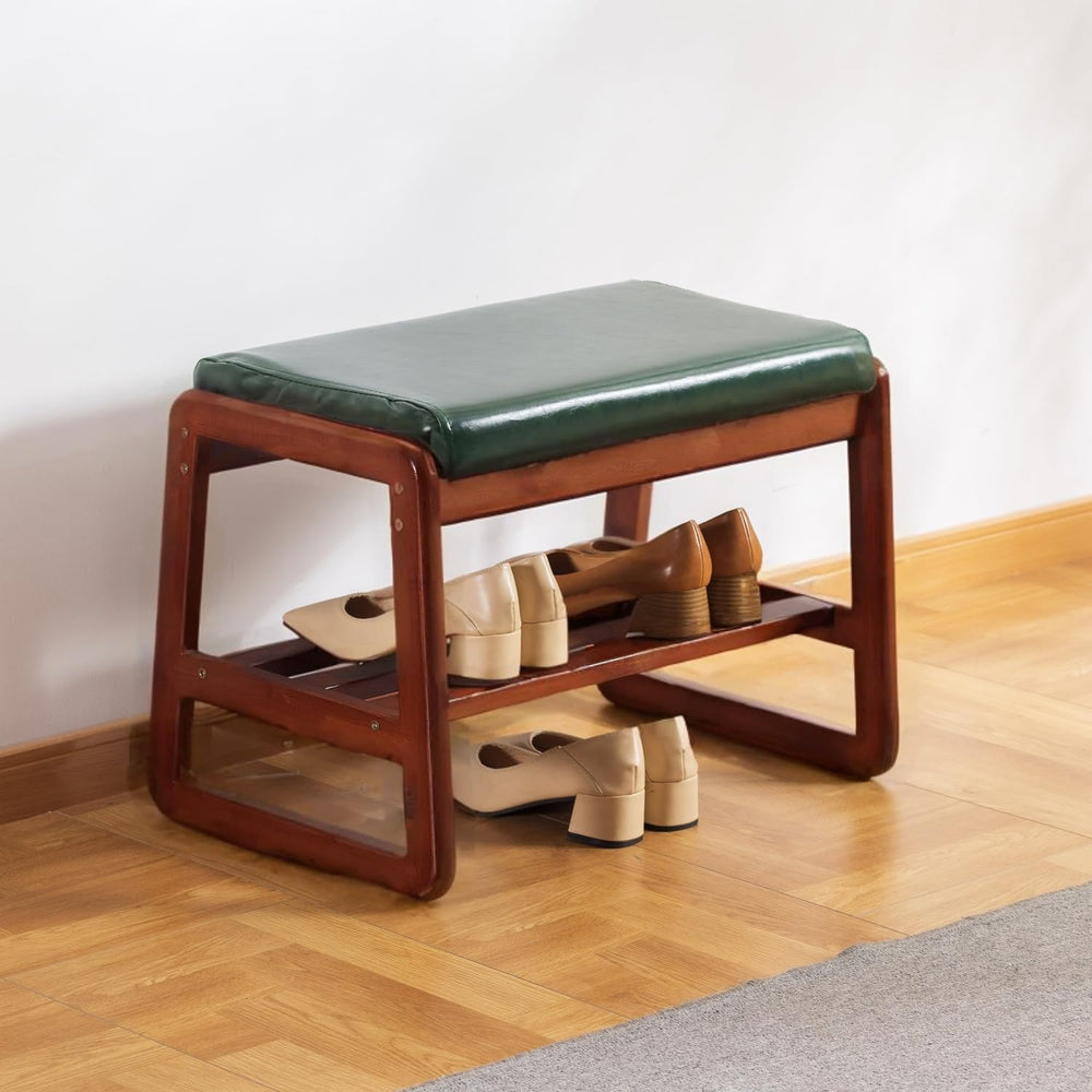 latifolia Solid Wood Bench, Entryway Shoe Bench with Cushion, 2 Tier Shoe Sto...