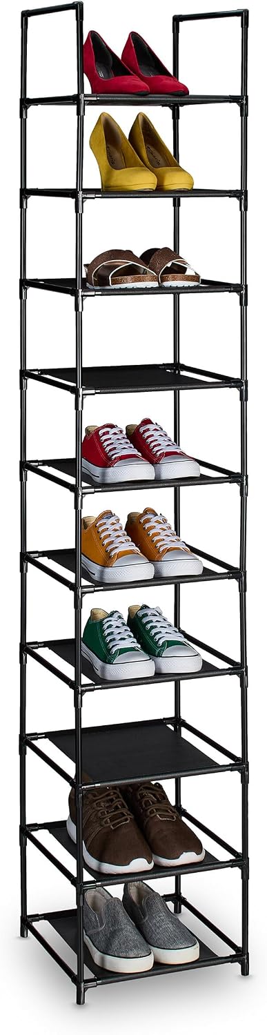 Relaxdays Shoe Rack, 10 Tiers, Narrow Metal Frame, Fabric Levels, Plug Togeth...
