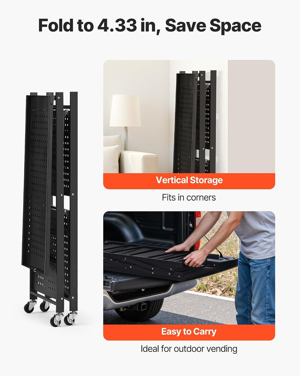 VEVOR 3-Tier Foldable Storage Shelf, 28W x 13D x 36H Inch Folding Metal Rack ...