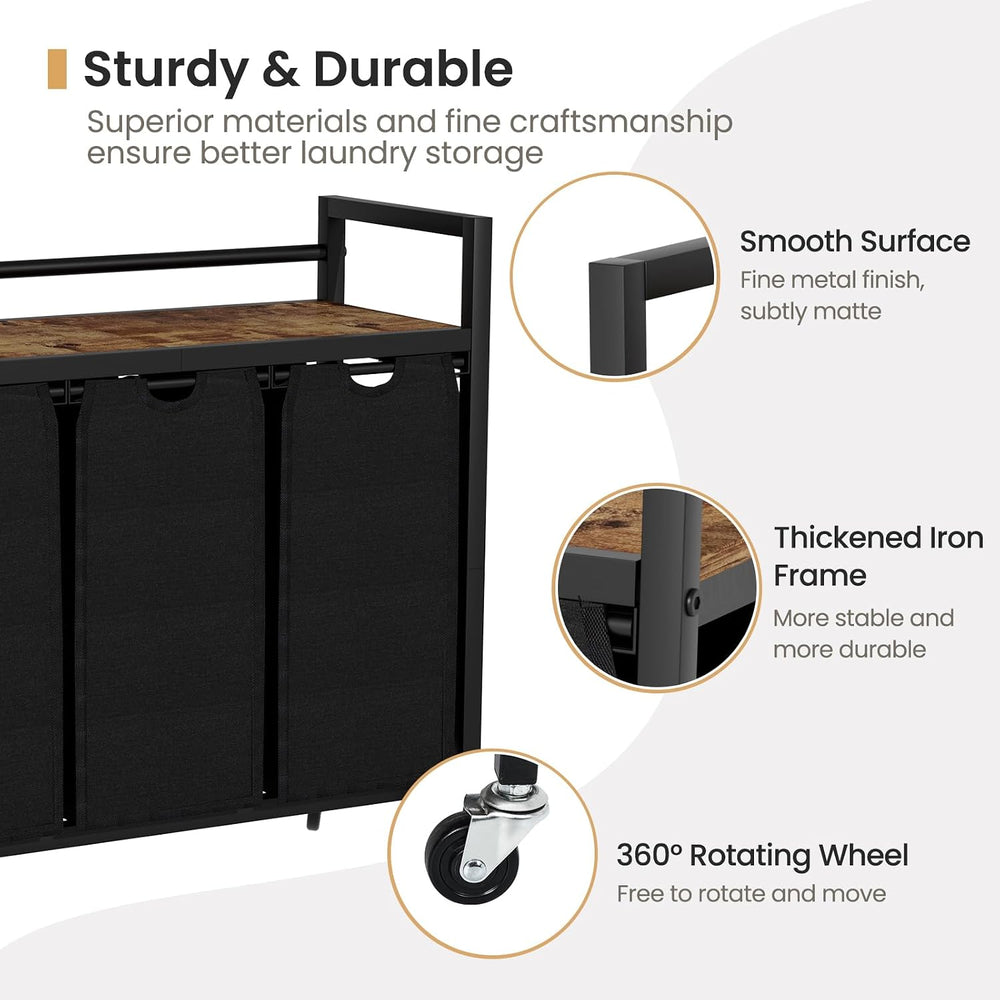 Laundry Sorter, Laundry Hamper 3 Section, 3×11.4Gal, Metal Frame Rolling Laun...