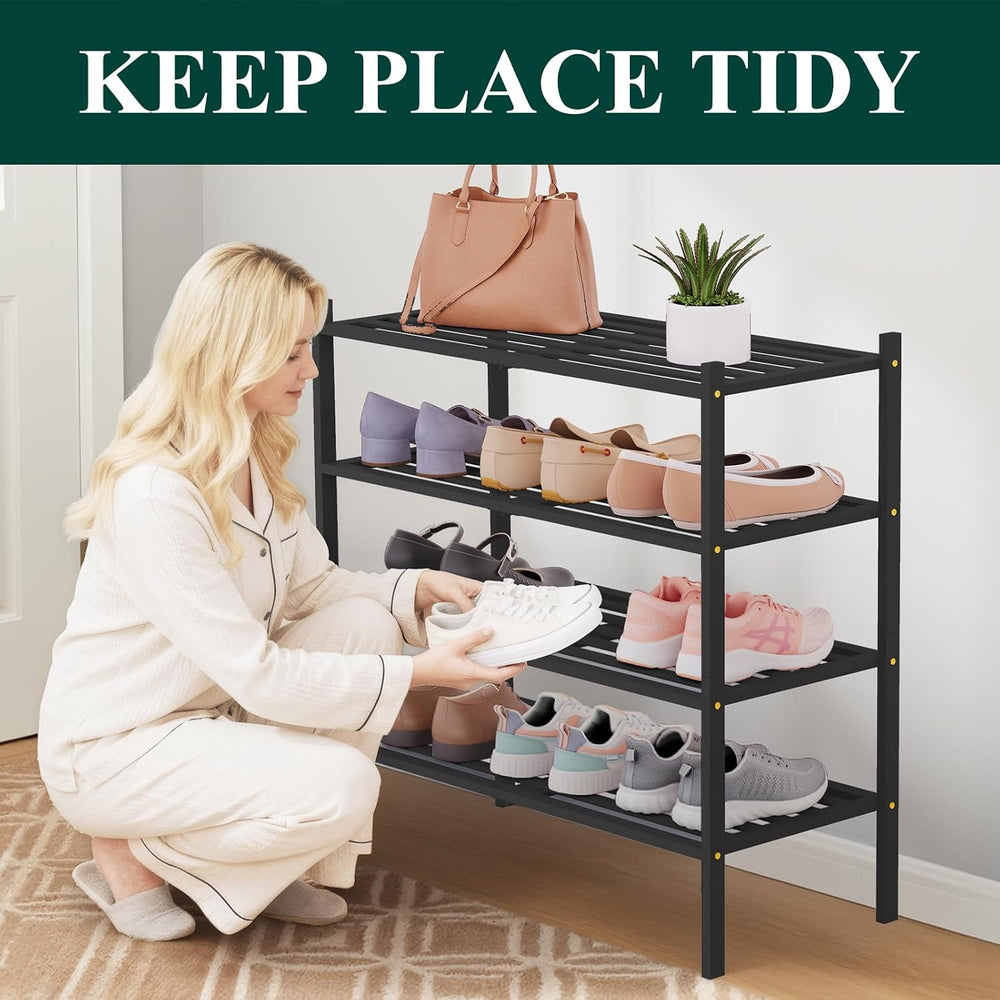 Smiry Bamboo Shoe Rack, 5 Horizontal Slats, 4 Tier - 26.8" Wide, Black