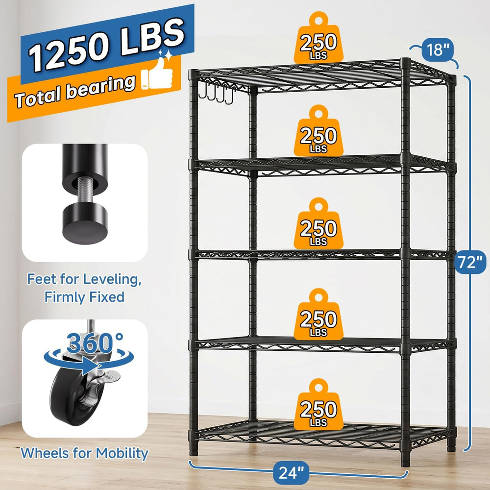 24" W x 18" D x 75" H Wire Storage Shelves with Wheels: 5 Tier...