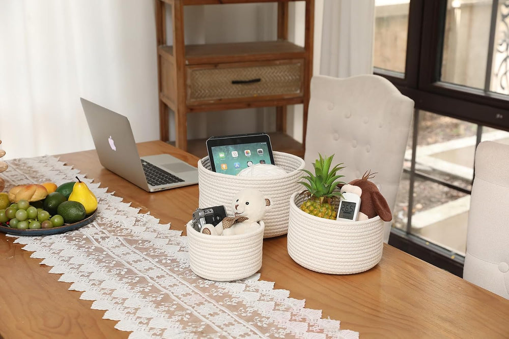 Set of 3 Small Woven Baskets with Lids, Cotton Rope Round Nesting Storage Bas...