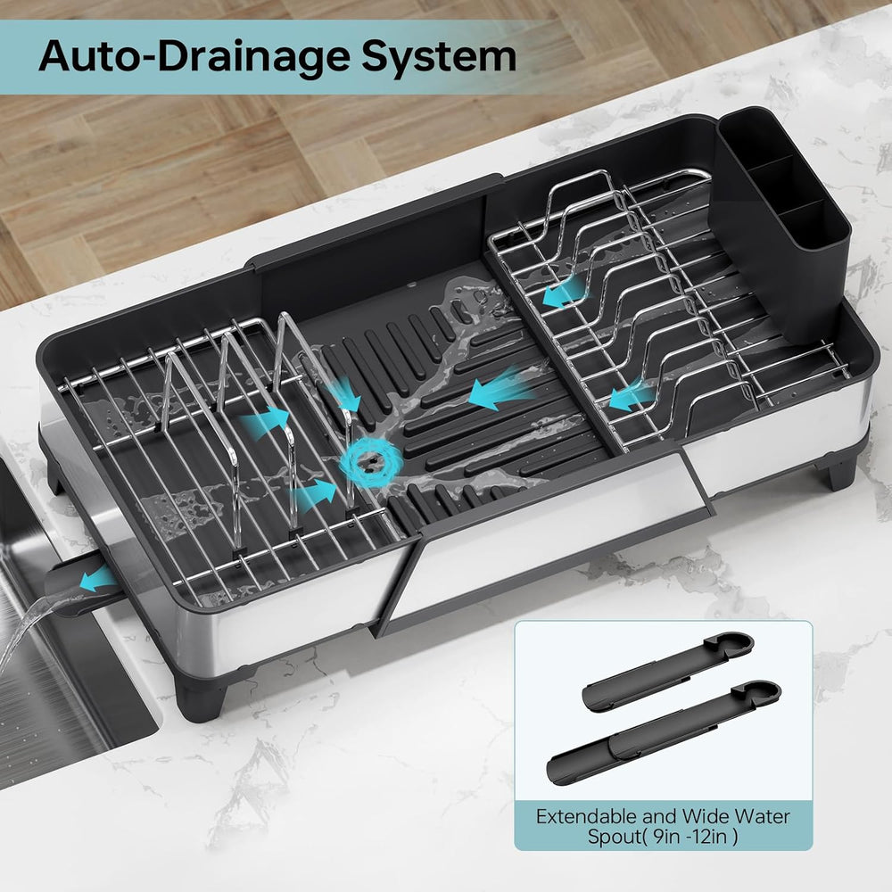 Urackify Large Expandable Dish Drying Rack for Kitchen Counter, Black
