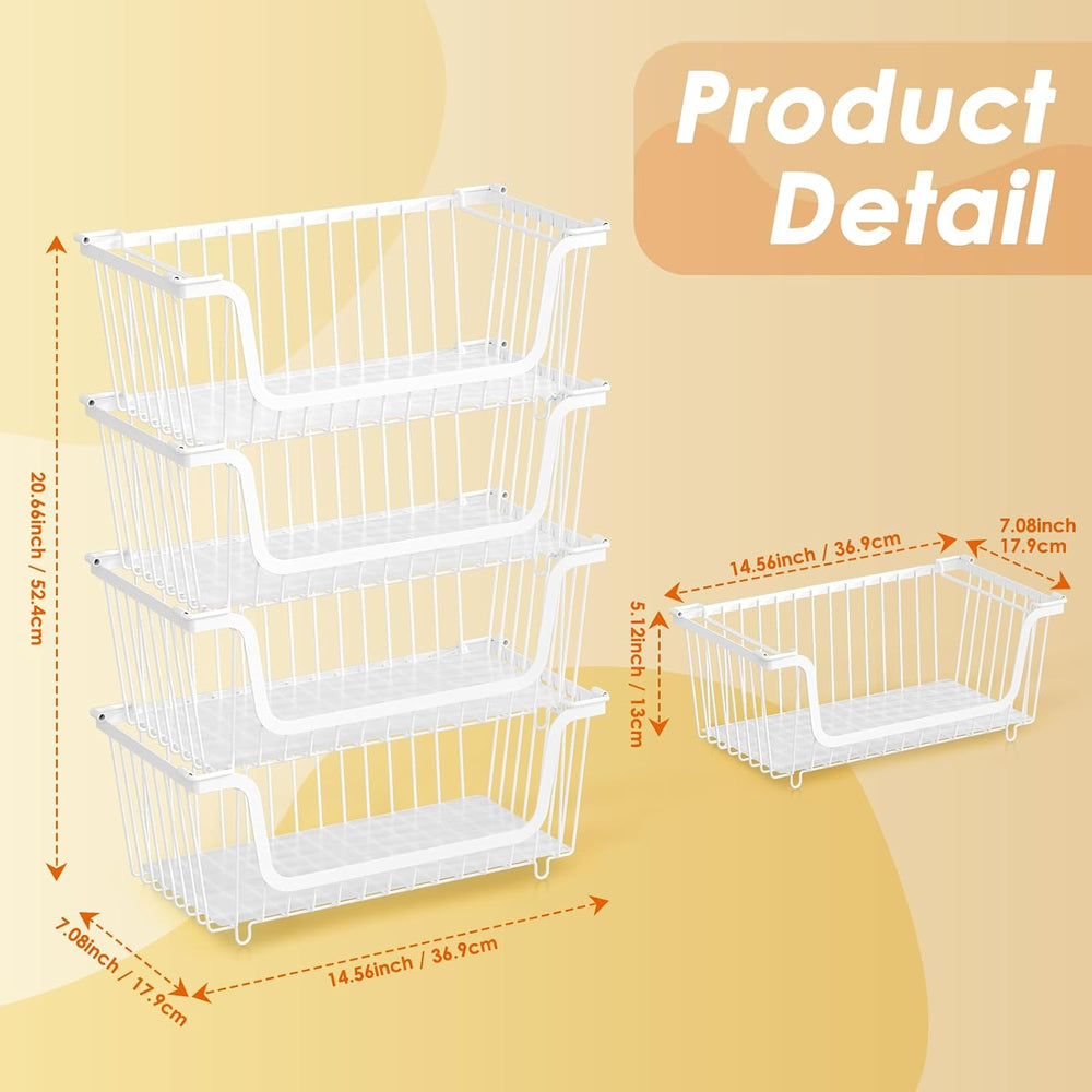 4 Pcs Stackable Wire Baskets for Pantry Organizers and Storage, White