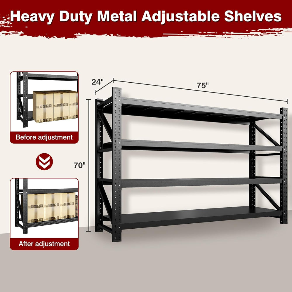 Fesbos 9000LBS Metal Steel Storage Shelves - 75" W Black 4 Tier Heavy Du...