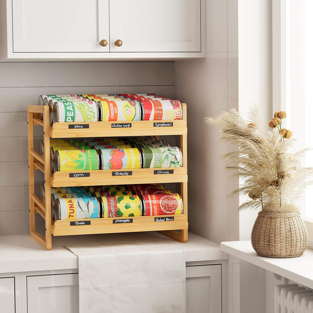 Yumkfoi Bamboo Can Organizer for Pantry, 3 Tier Stackable Can Storage