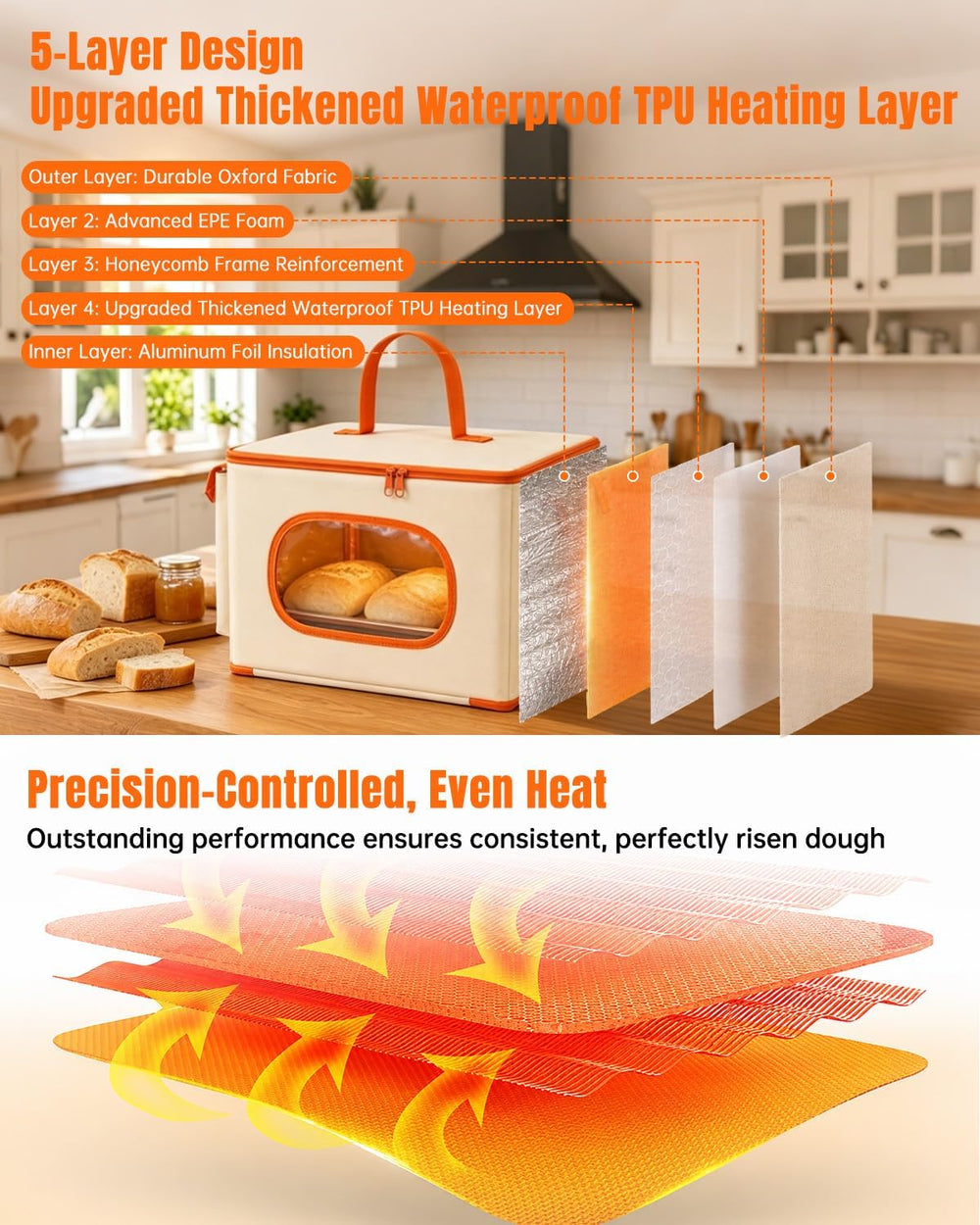 Foldable Bread Proofing Box with Temp Control, 3 Side Pockets &Front Window