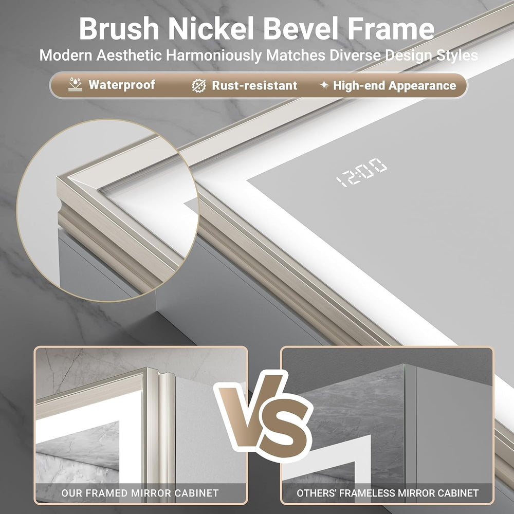 30x32 Lights Medicine Mirror Cabinet, Beveled Brushed Nickel Frame