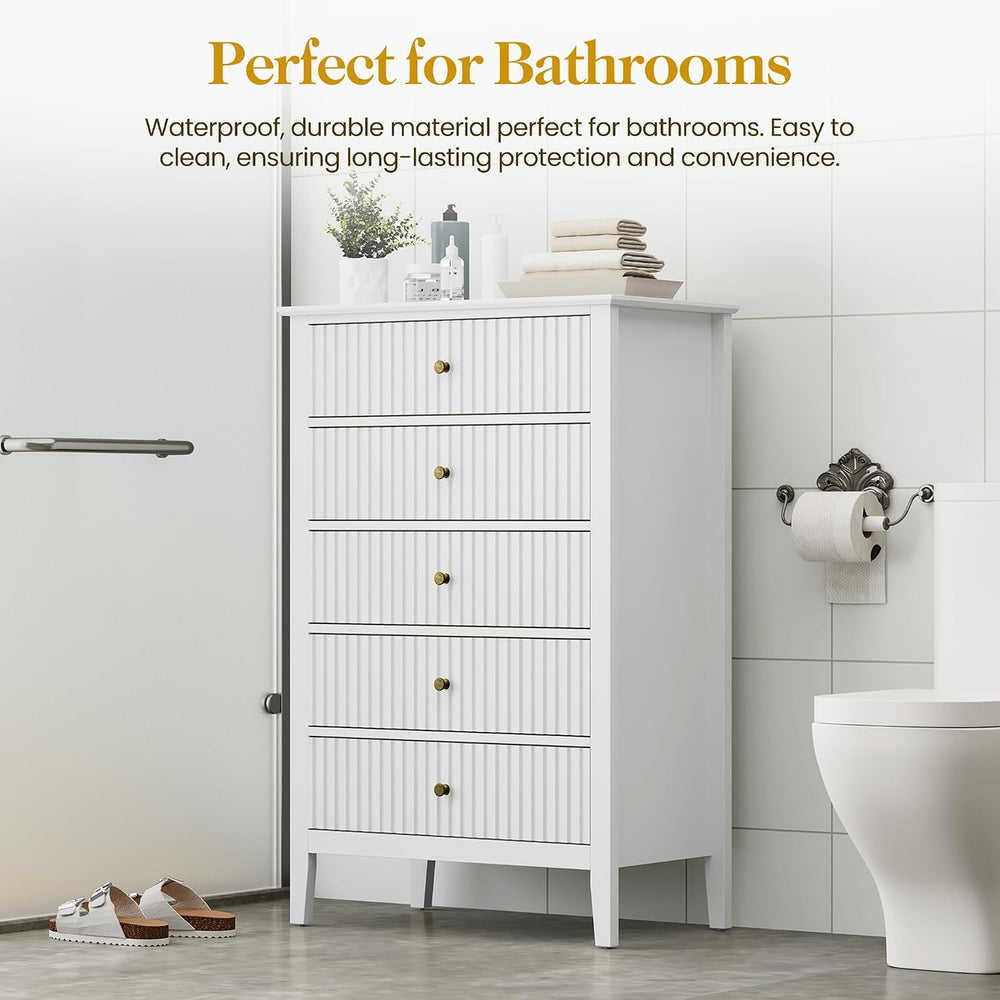 RoyalCraft White Fluted 5 Drawer Dresser for Bedroom, Tall Chest of Drawers, ...