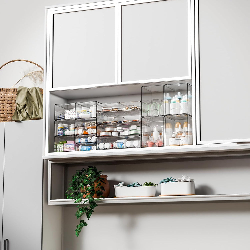 4 Pack Clear Stackable Storage Drawers,Pull-Out Medicine Cabinet Organizer an...
