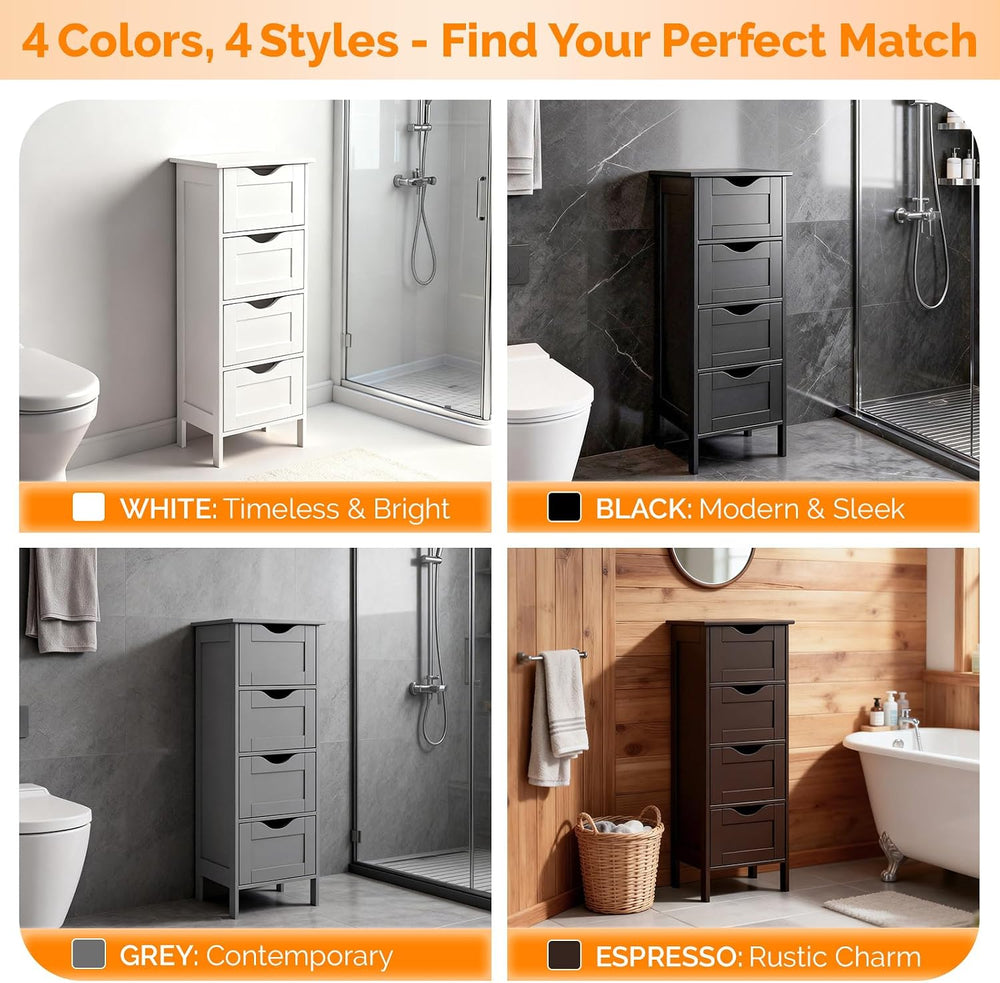 VINGLI White Bathroom Storage Cabinet with 4 Drawers Wooden Freestanding Slim...