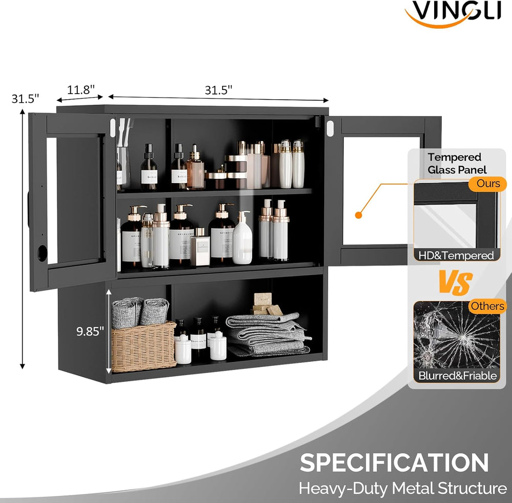 VINGLI Metal Wall Cabinet with Locking Glass Doors, Adjustable Shelf, Wall Mo...