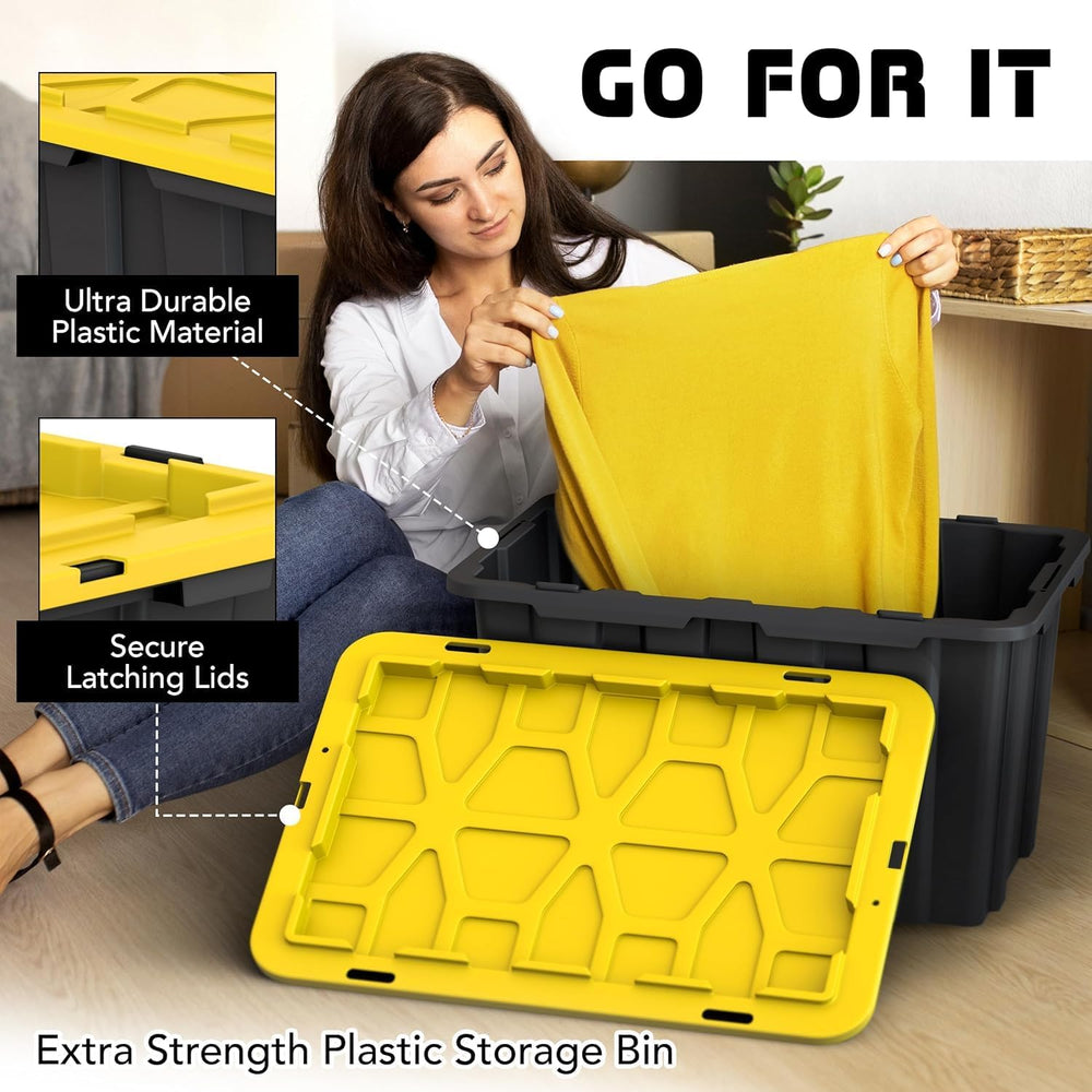 4 PACK of 17 Gallon Large Black & Yellow Storage Bins | Plastic Tote Orga...