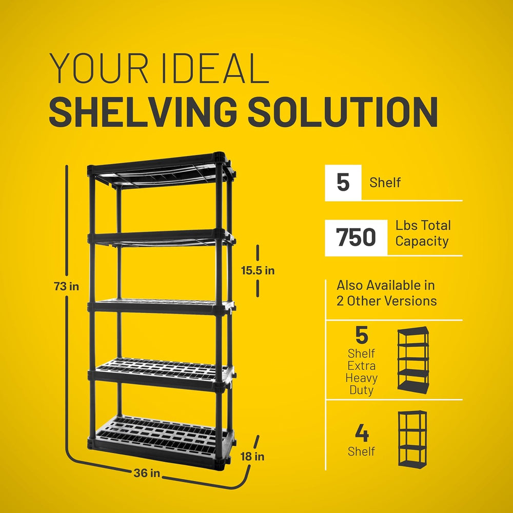 Plano 5-Shelf Plastic Storage Shelves, 73” x 36” x 18”, 750lb Capacity, Pantr...